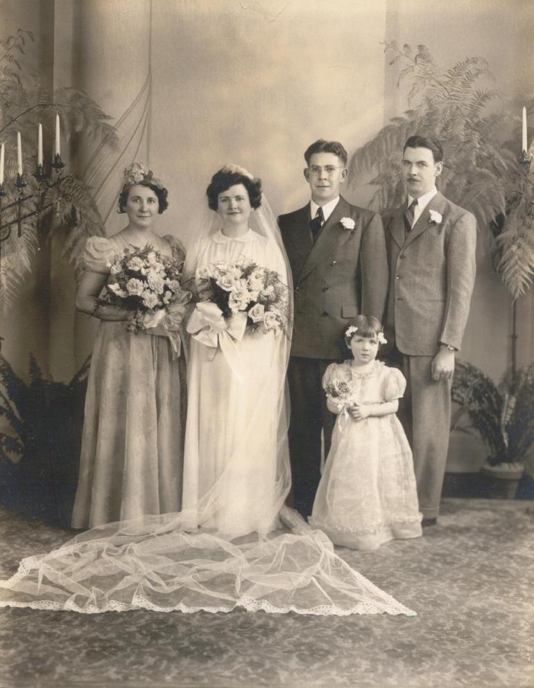 Wedding of Agnes T. McMahon and John W. Regan, with Margaret McMahon Nelson, John Foley, and Rosaleen (Dody) Fuchs, April 26, 1941