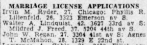 Marriage license application recorded for John W. Regan and Agnes T. McMahon with their respective residences listed.